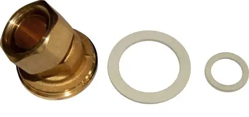 Messing-Coupling mit zwei Dichtungen, geeignet für Verrohrungsanwendungen. Wolf Produkte für sichere Verbindungen in Heizungs- und Sanitärinstallationen.